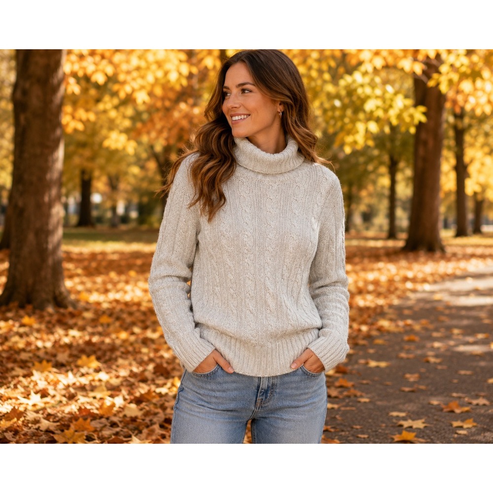J.Crew Turtleneck Sweater Women Medium Grey Cable Knit Angora Feel Soft